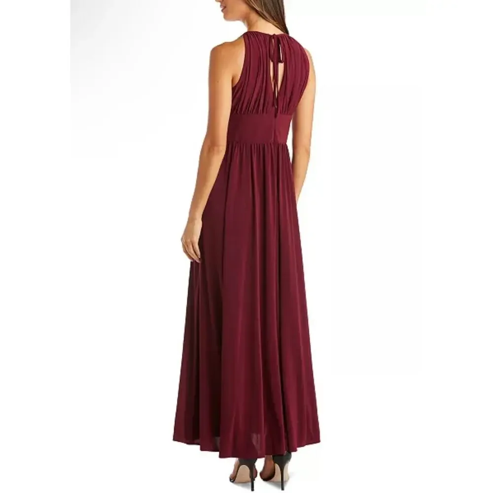 R&M Richards Wine Beaded Halter Evening Gown Keyhole Neck Maxi Dress Size 8 - Picture 2 of 15